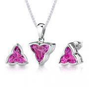 Ultimate Enchantment: 10.25 carat Tri Flower Cut Pink Sapphire Pendant Earring Set in Sterling Silver