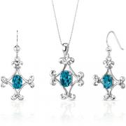 Cross Design 3.50 carats Oval Shape Sterling Silver London Blue Topaz Pendant Earrings Set 