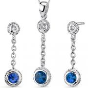 Bezel Set 1.50 carats Round Shape Sterling Silver Sapphire Pendant Earrings Set 