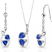 Love Duet 2.50 carats Trillion Heart Shape Sterling Silver Sapphire Pendant Earrings Set 