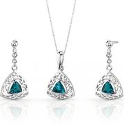 Filigree Design 1.50 carats Trillion Cut Sterling Silver London Blue Topaz Pendant Earrings Set 