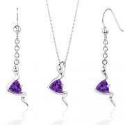Contemporary Style 1.50 carats Trillion Cut Sterling Silver Amethyst Pendant Earrings Set 