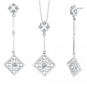 Round Shape White Cubic Zirconia Pendant Earrings Set in Sterling Silver