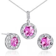 European Style Round Checkerboard Shape Created Pink Sapphire Pendant Earrings Set in Sterling Silver