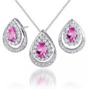 Classic Beauty 3.75 carats Pear Checkerboard Shape Created Pink Sapphire Pendant Earrings Set in Sterling Silver