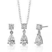 Inspired Elegance: Sterling Silver Celebrity Inspired Bridal Jewelry Teardrop Style Earring/Pendant Set with Pear-shape CZ Diamonds