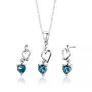 Sterling Silver 2.00 carats total weight Heart Shape London Blue Topaz Pendant Earrings Set