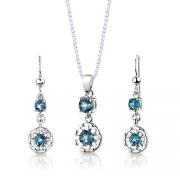 Sterling Silver 2.25 carats total weight Round Shape London Blue Topaz Pendant Earrings Set